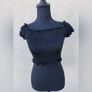 Off Shoulder Smocked Crop Top Black ONE SIZE  Stretch Ruffle Hem GREAT COND